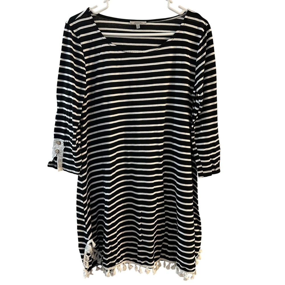 JODIFL Black White Stripe Tassel Crochet Trim‎ Tunic Dress Feminine Size Small